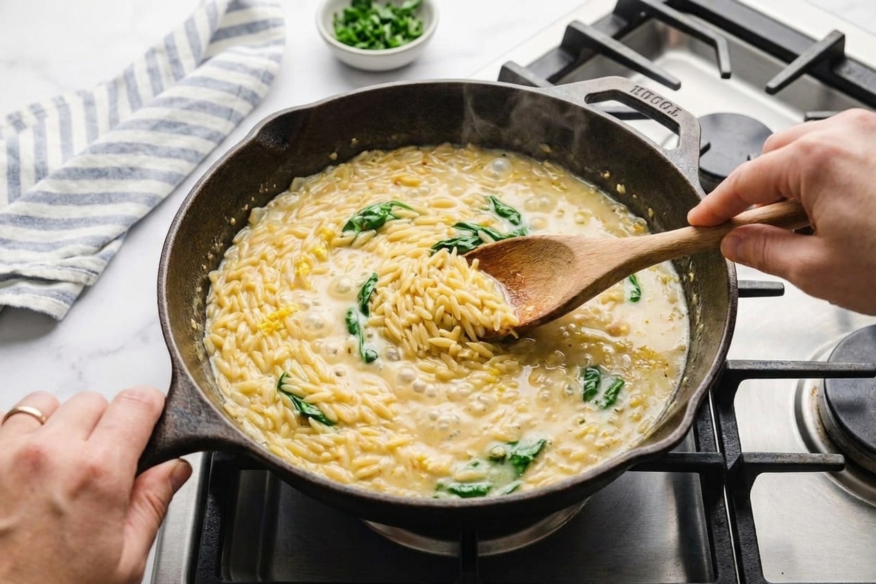 A home cook's hands stirring orzo in a skillet as the creamy lemon sauce bubbles gently on a stovetop