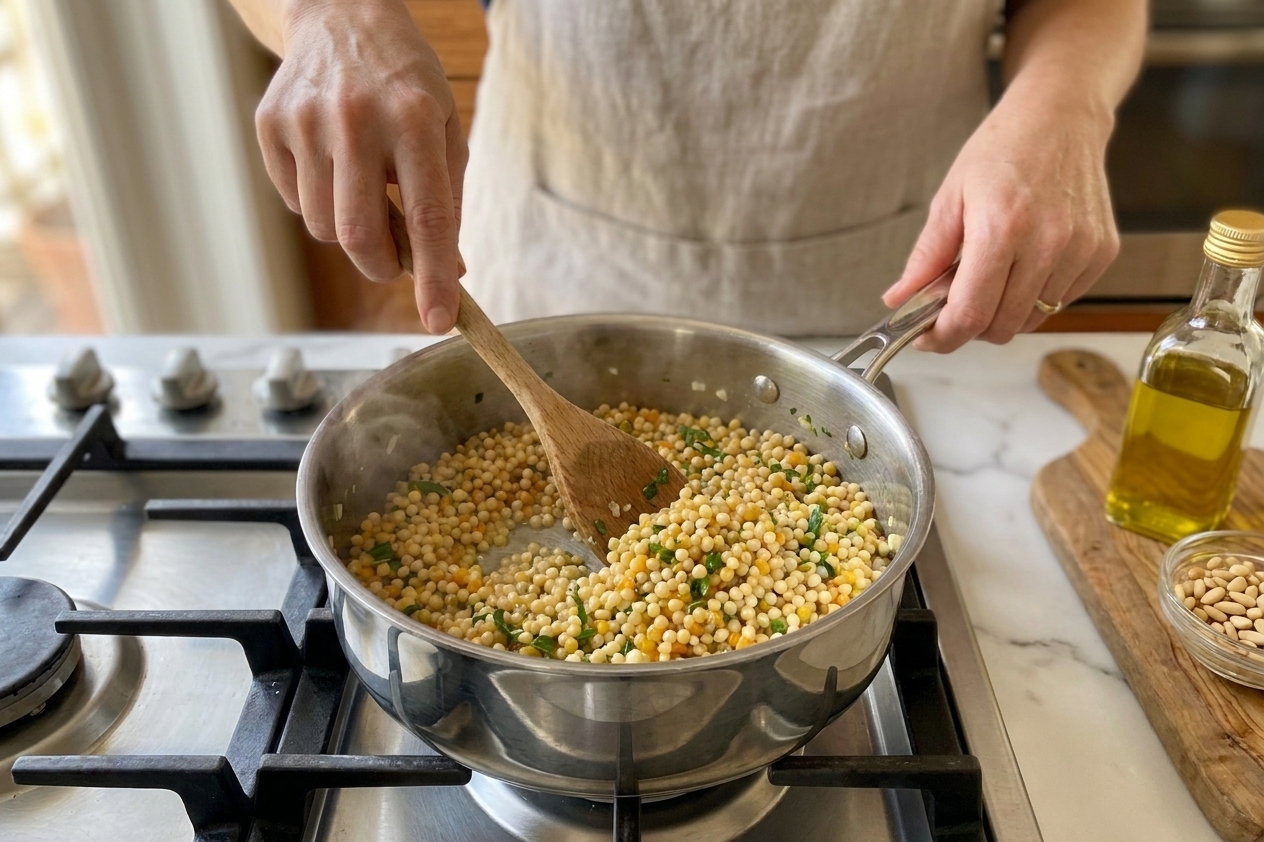 A home cook's hands stirring pearl couscous in a saucepan with a wooden spoon on a stovetop, warm kitchen lighting