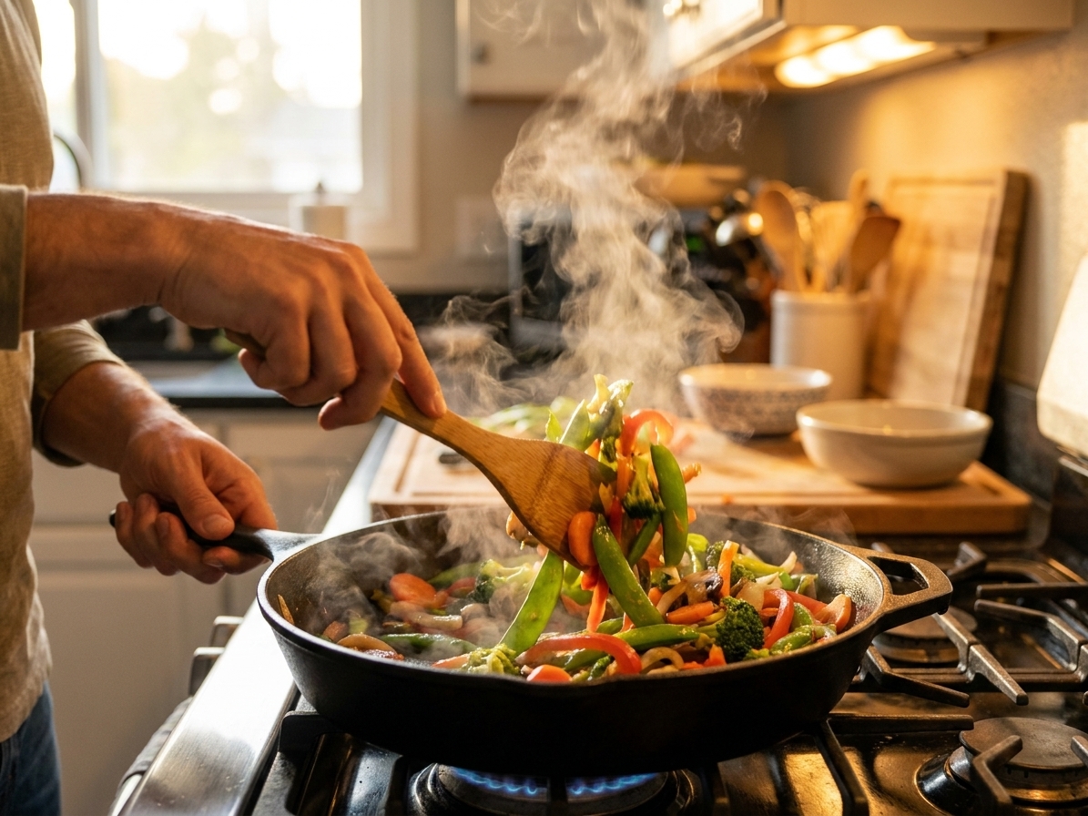A home cook's hands tossing colorful vegetables in a hot skillet on a stove with a wooden spatula, steam rising in a warmly lit kitchen