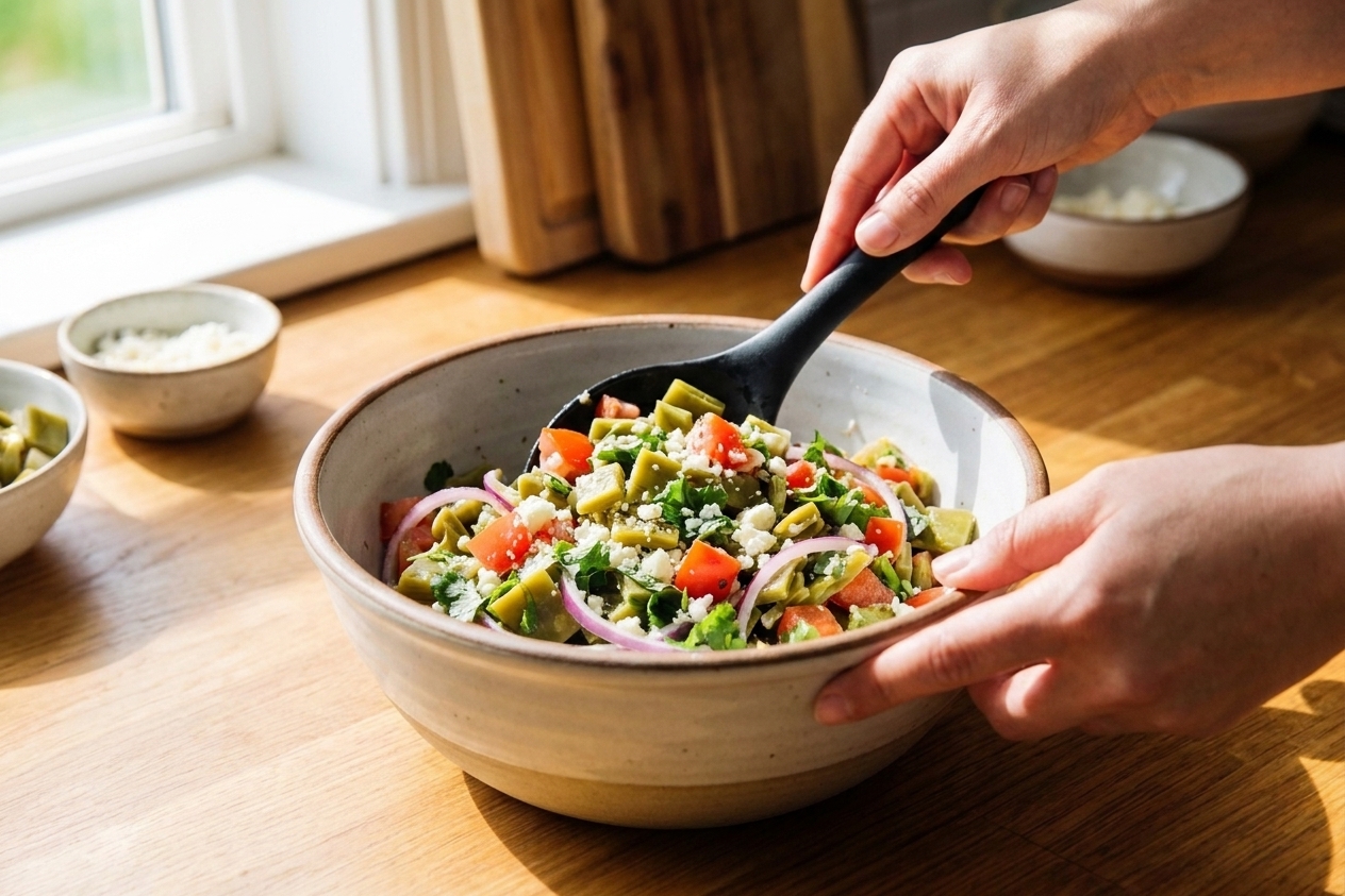A home cook's hands tossing nopales salad in a large mixing bowl with a spoon, showing tomatoes, onion, cilantro, and crumbled cheese on a bright kitchen counter