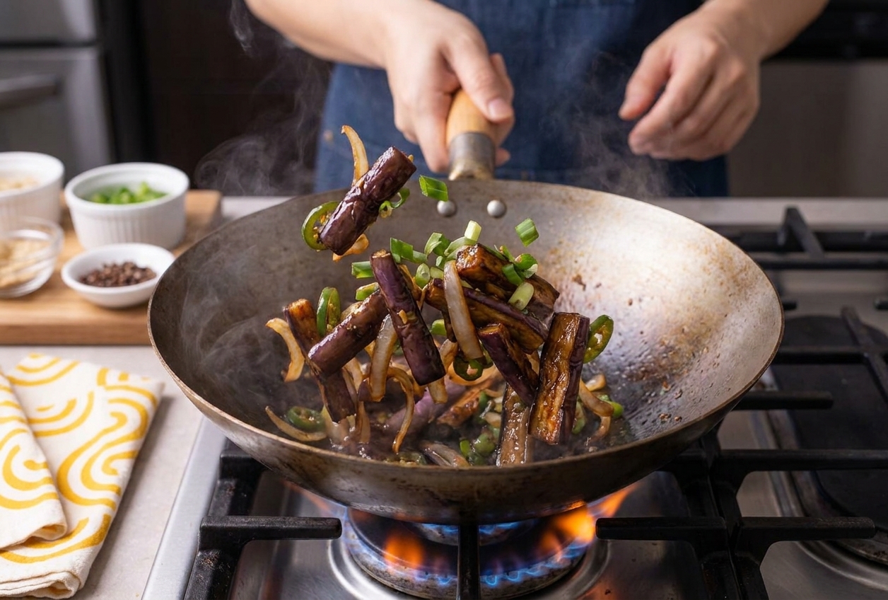 A home cook’s hands tossing saucy eggplant in a wok over a gas stove with spring onions visible