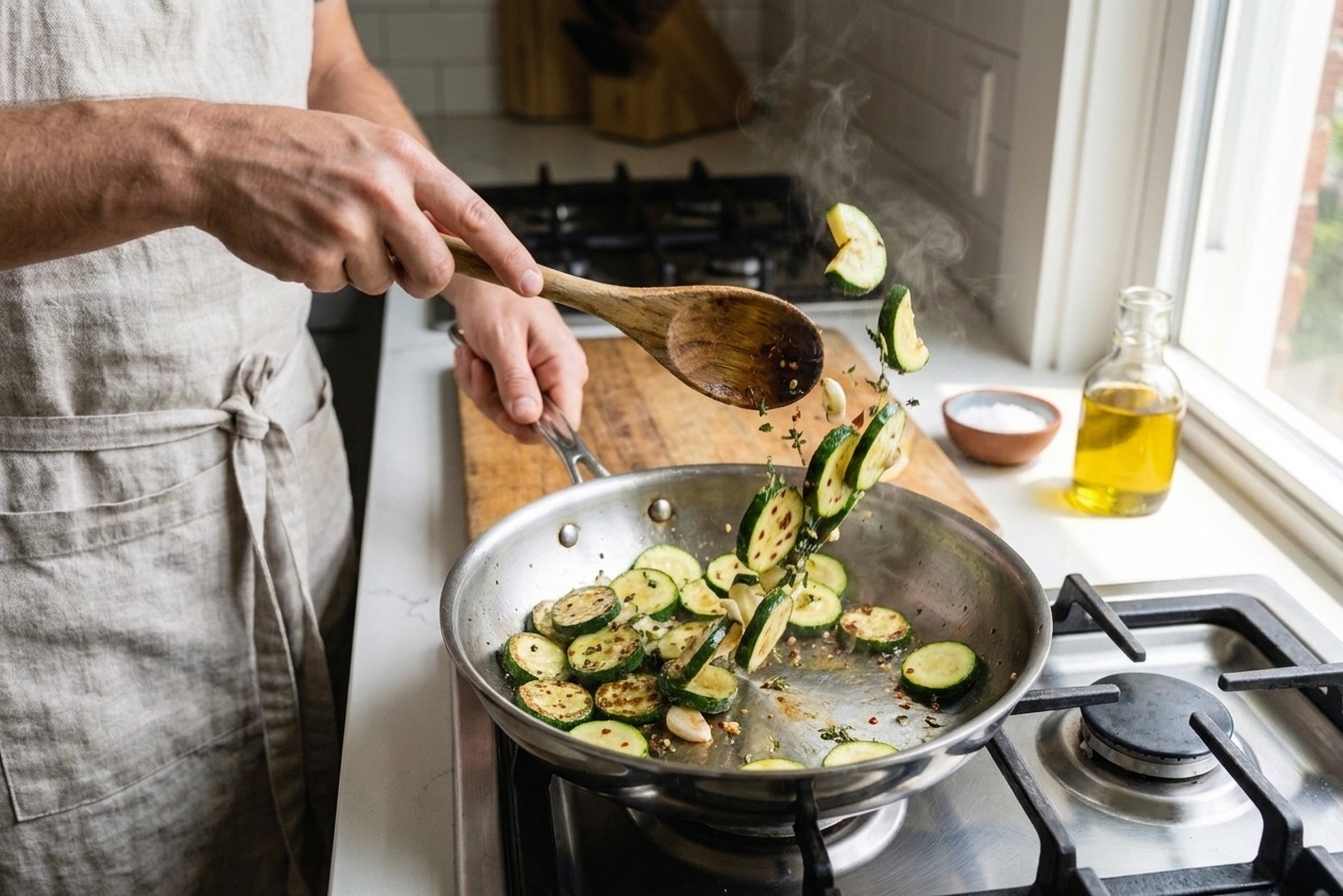 A home cook's hands tossing zucchini slices in a hot skillet with a wooden spoon on a stovetop under warm kitchen lighting