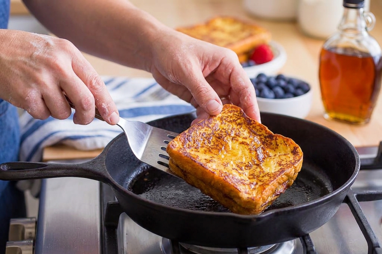 A home cook's hands using a spatula to flip a slice of brioche French toast in a skillet
