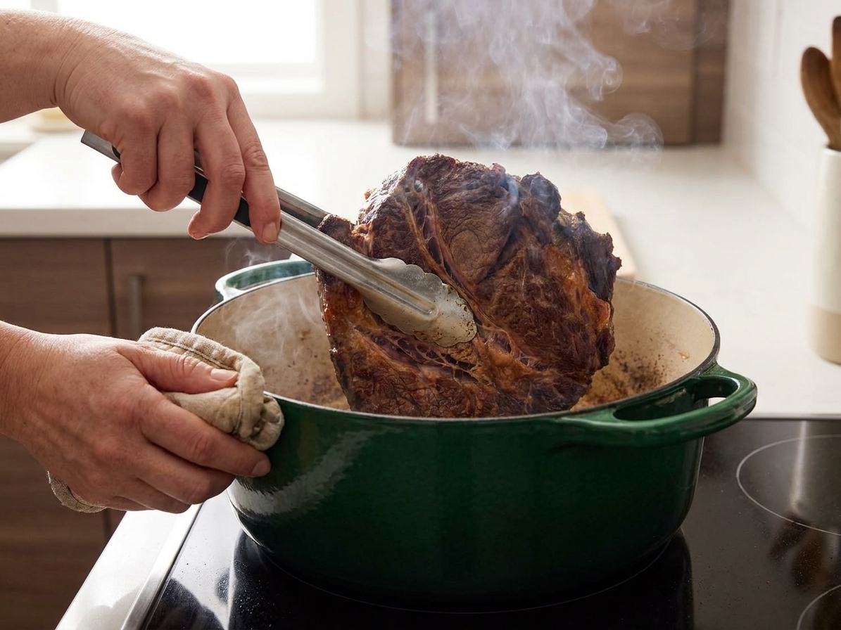 A home cook’s hands using tongs to sear a chuck roast in a Dutch oven on a stovetop