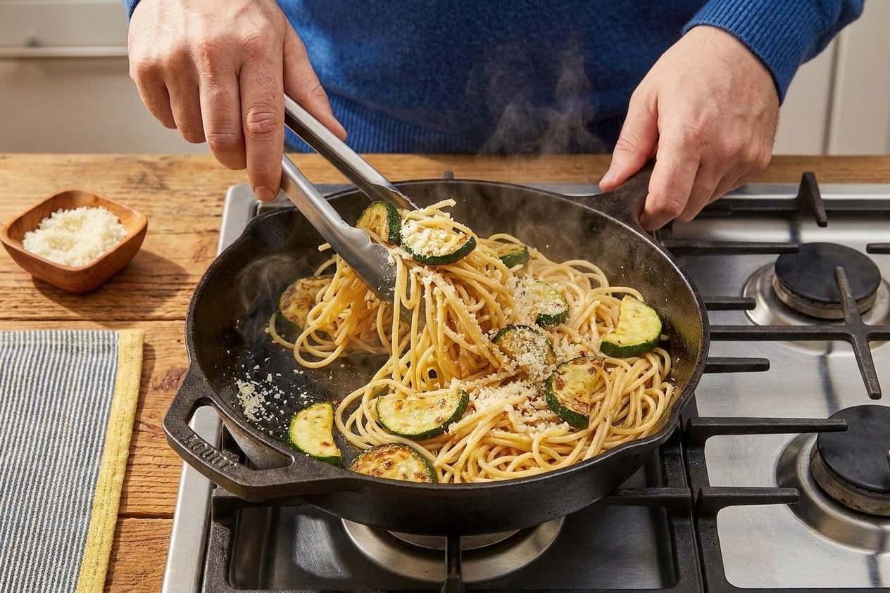 A home cook’s hands using tongs to toss spaghetti with sautéed zucchini and grated Parmesan in a large skillet on a stovetop