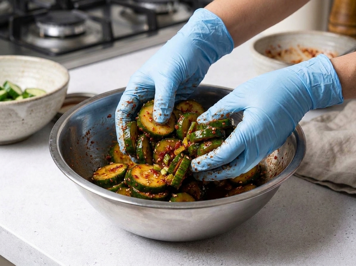 A home cook's hands wearing gloves gently mixing sliced cucumbers with red pepper seasoning and scallions in a stainless steel bowl on a kitchen counter