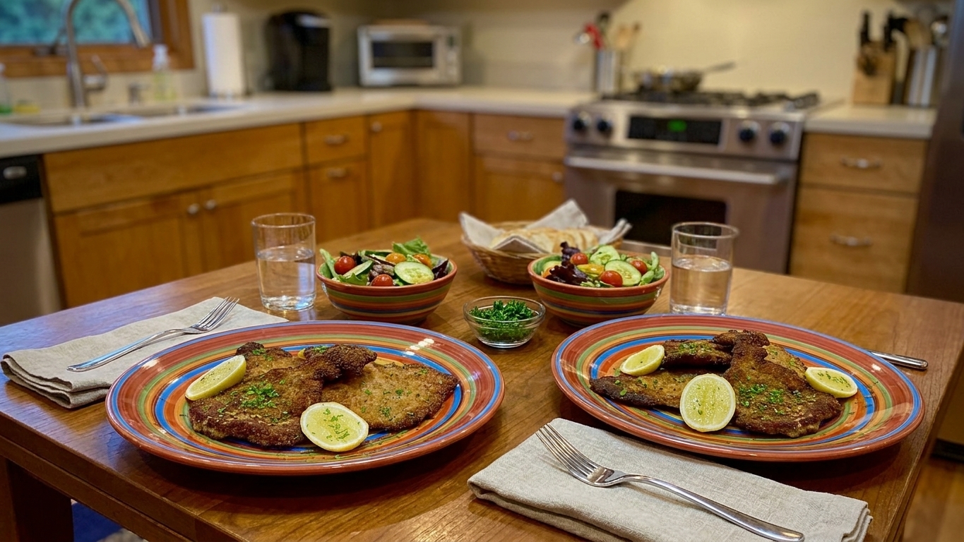 A home dinner table with plated schnitzel, lemon wedges, and a simple side salad in warm evening light