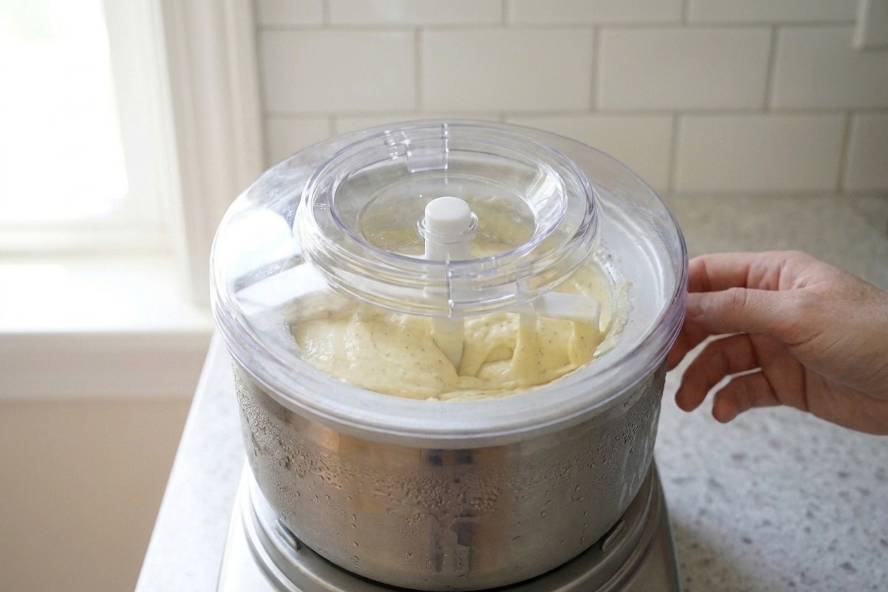 A home ice cream maker churning pale vanilla ice cream with the lid on, seen on a clean countertop