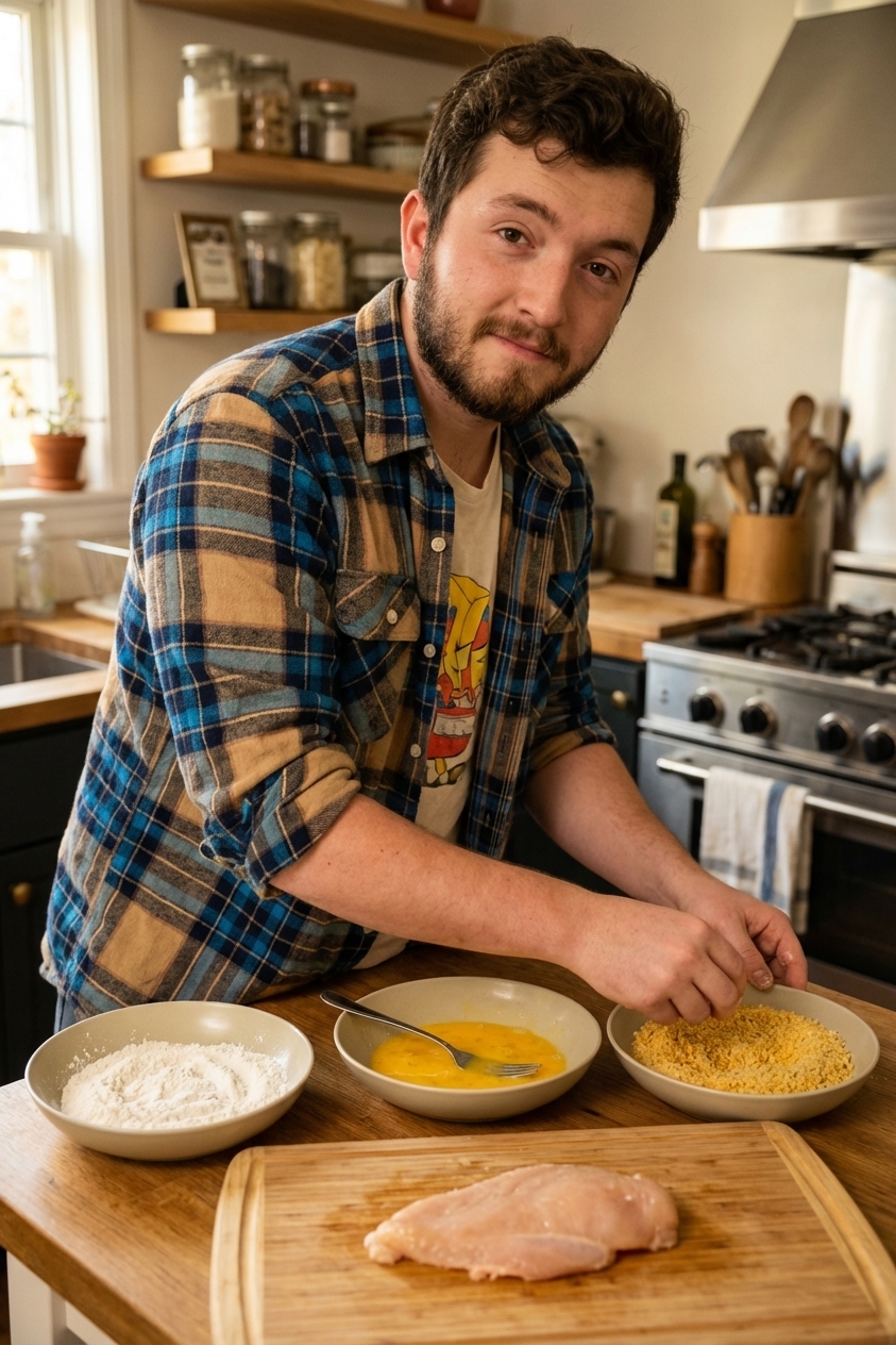 A home kitchen breading station with bowls of flour, beaten eggs, and panko, and a chicken cutlet ready to be breaded on a cutting board