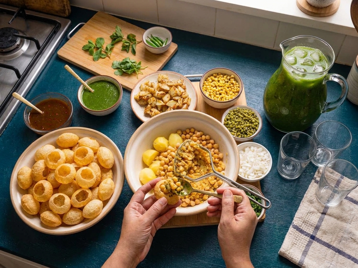 A home kitchen counter set up for pani puri assembly with bowls of filling, chutney, puris, and a pitcher of green pani