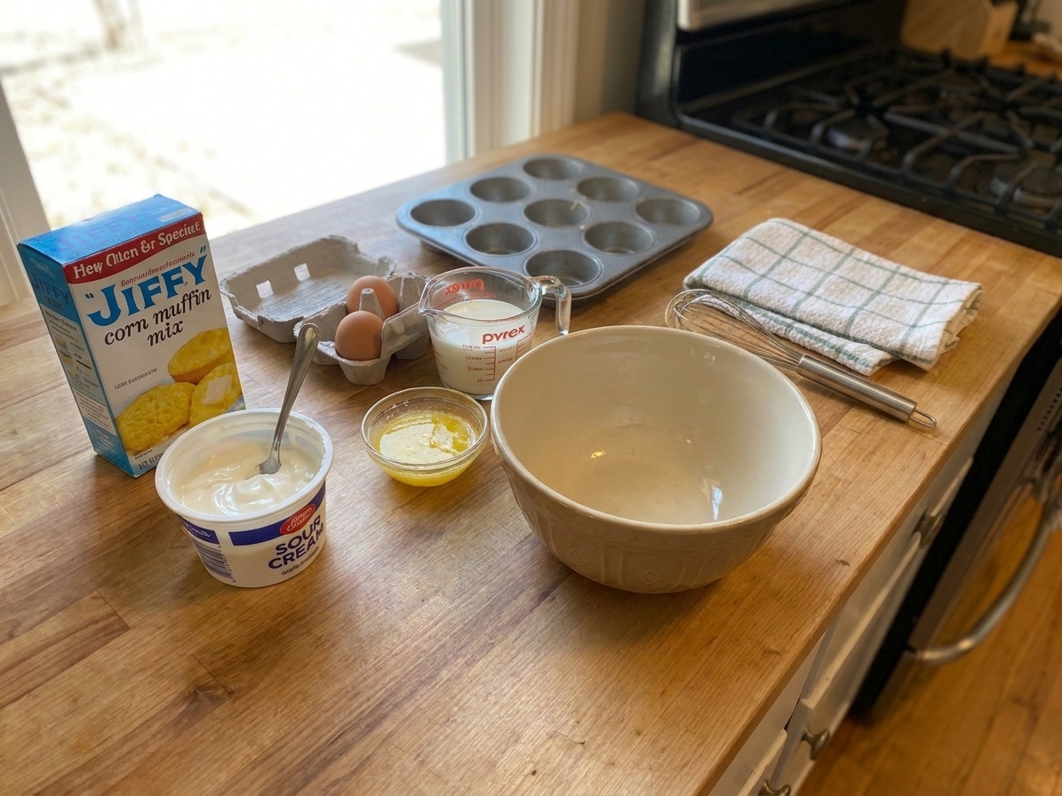A home kitchen counter with Jiffy corn muffin mix, eggs, sour cream, milk, melted butter, and a muffin tin set out for baking