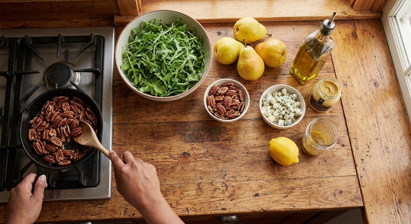 A home kitchen counter with arugula, ripe pears, pecans, blue cheese, lemon, Dijon mustard, olive oil, and a small jar for dressing laid out for prep