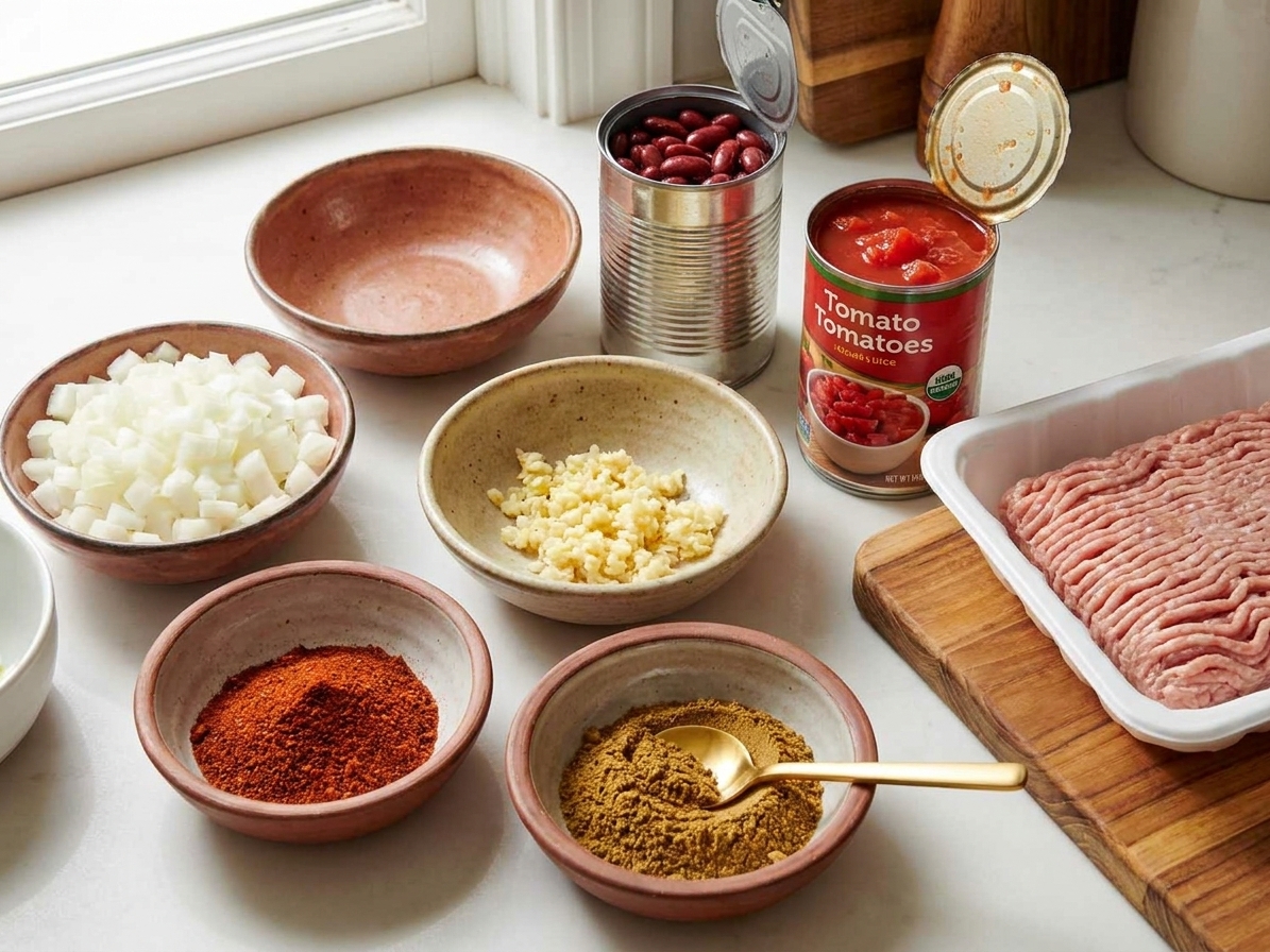 A home kitchen counter with bowls of diced onion, minced garlic, chili powder, cumin, canned beans, canned tomatoes, and a package of ground turkey laid out for cooking
