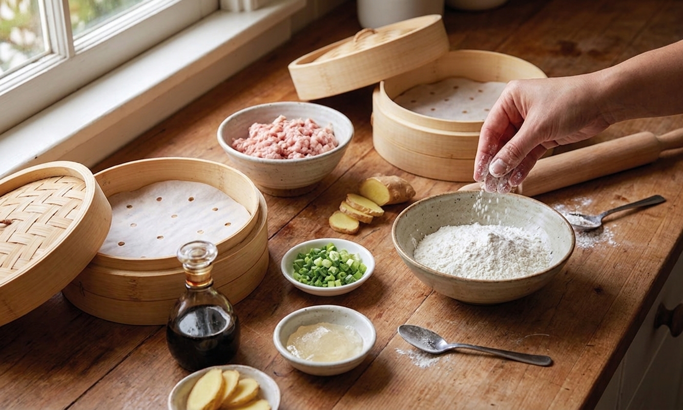 A home kitchen counter with bowls of flour, ground pork, scallions, ginger, soy sauce, gelatin powder, and a bamboo steamer laid out for making siu long bao