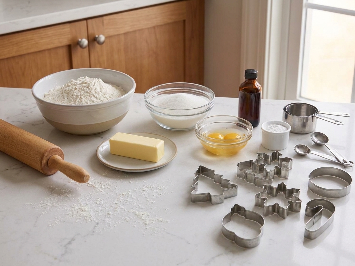 A home kitchen counter with bowls of flour, sugar, butter, eggs, vanilla, and baking powder laid out next to measuring cups and festive cookie cutters under soft warm lighting