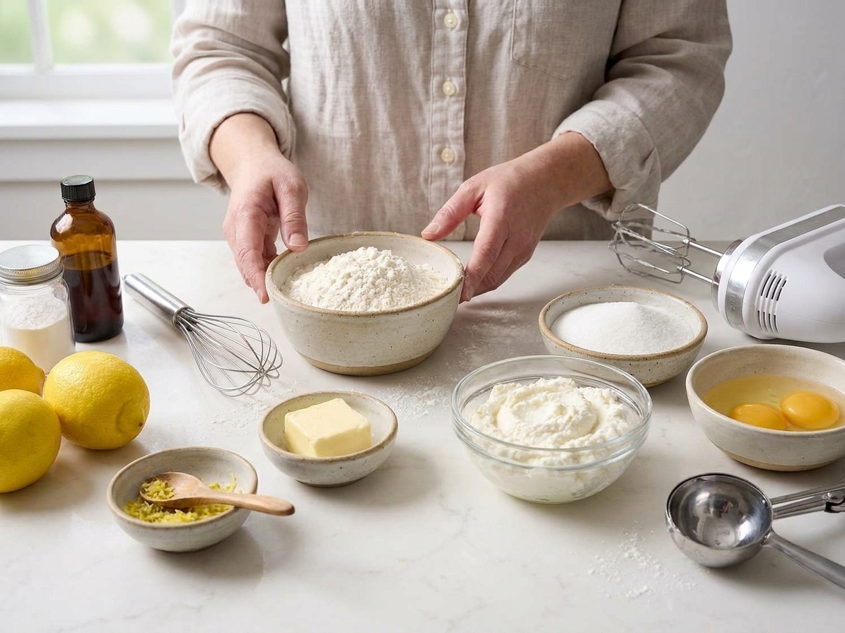 A home kitchen counter with bowls of flour, sugar, ricotta, butter, eggs, lemons, baking powder, and vanilla arranged for baking