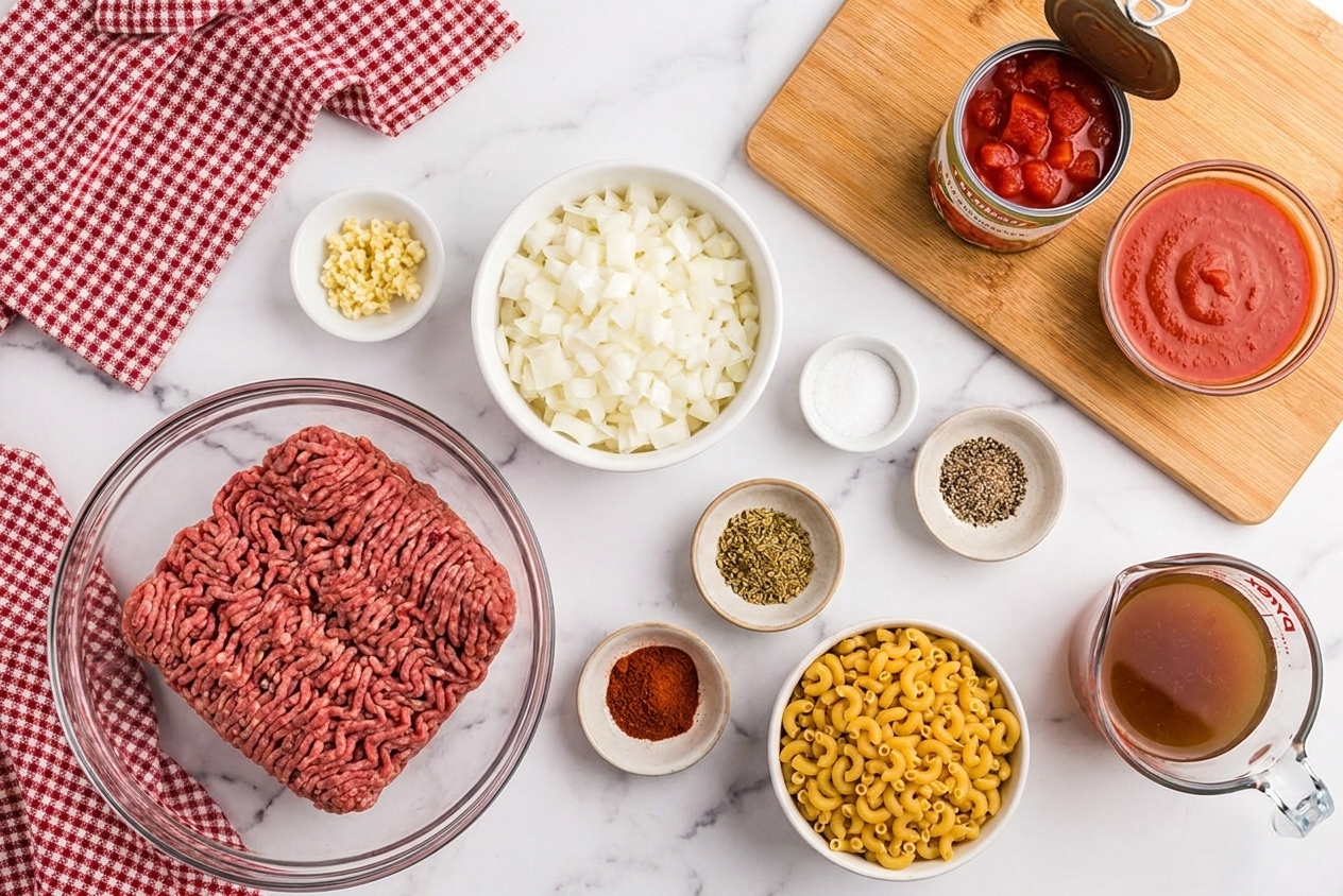 A home kitchen counter with bowls of ground beef, chopped onion, minced garlic, elbow macaroni, canned tomatoes, tomato sauce, beef broth, and small dishes of spices laid out for old fashioned goulash