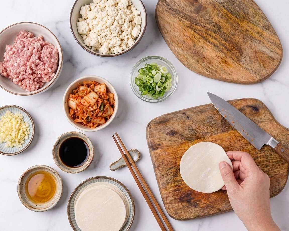 A home kitchen counter with bowls of ground pork, crumbled tofu, chopped kimchi, sliced scallions, minced garlic, dumpling wrappers, and small dishes of soy sauce and sesame oil laid out for cooking