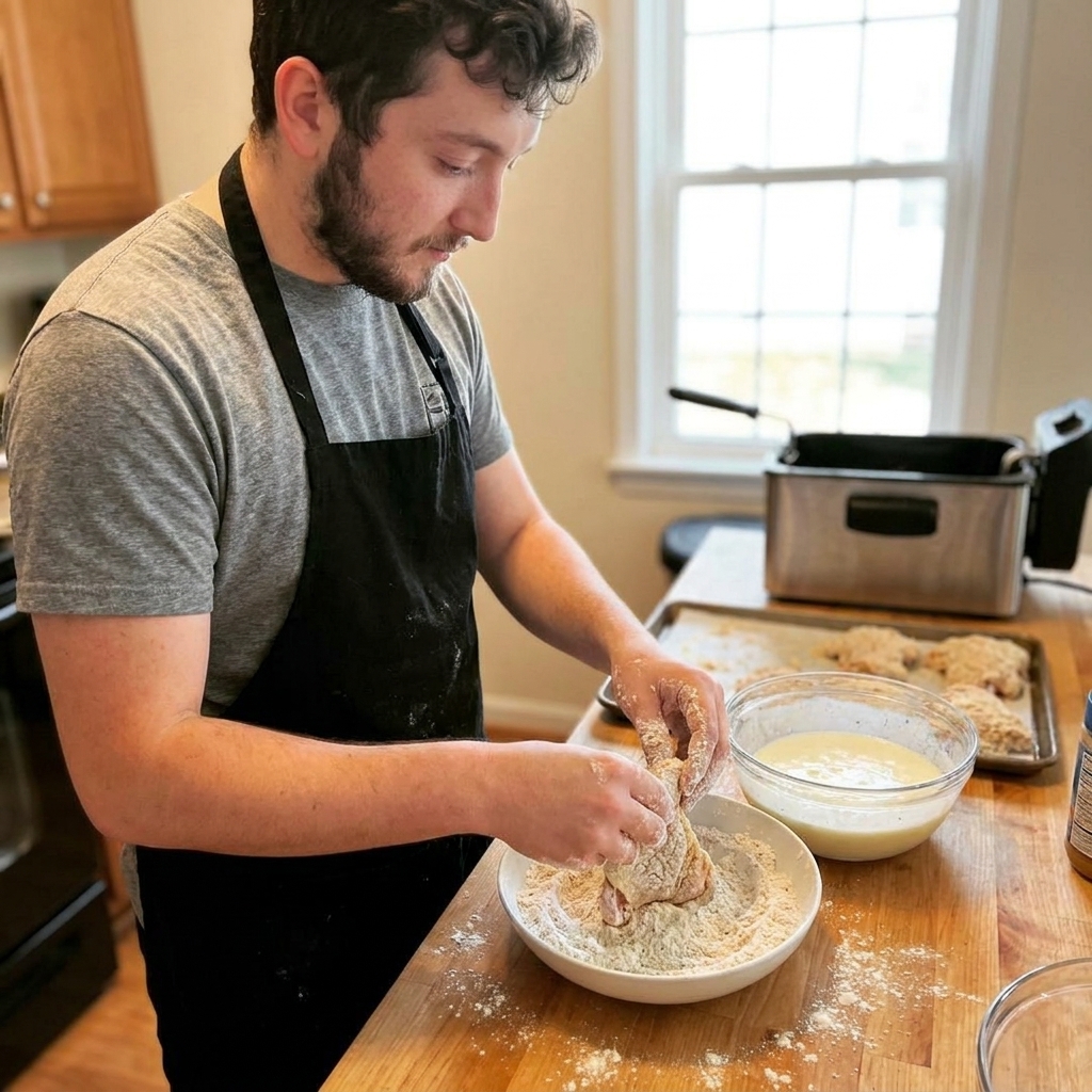A home kitchen counter with bowls of seasoned flour and buttermilk, chicken thighs being dredged for frying, baking sheet in the background, real food photography