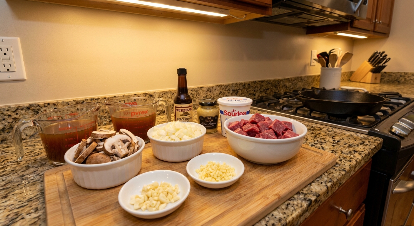 A home kitchen counter with bowls of sliced mushrooms, diced onion, minced garlic, cubed beef, beef broth, Worcestershire sauce, Dijon mustard, and sour cream arranged for cooking