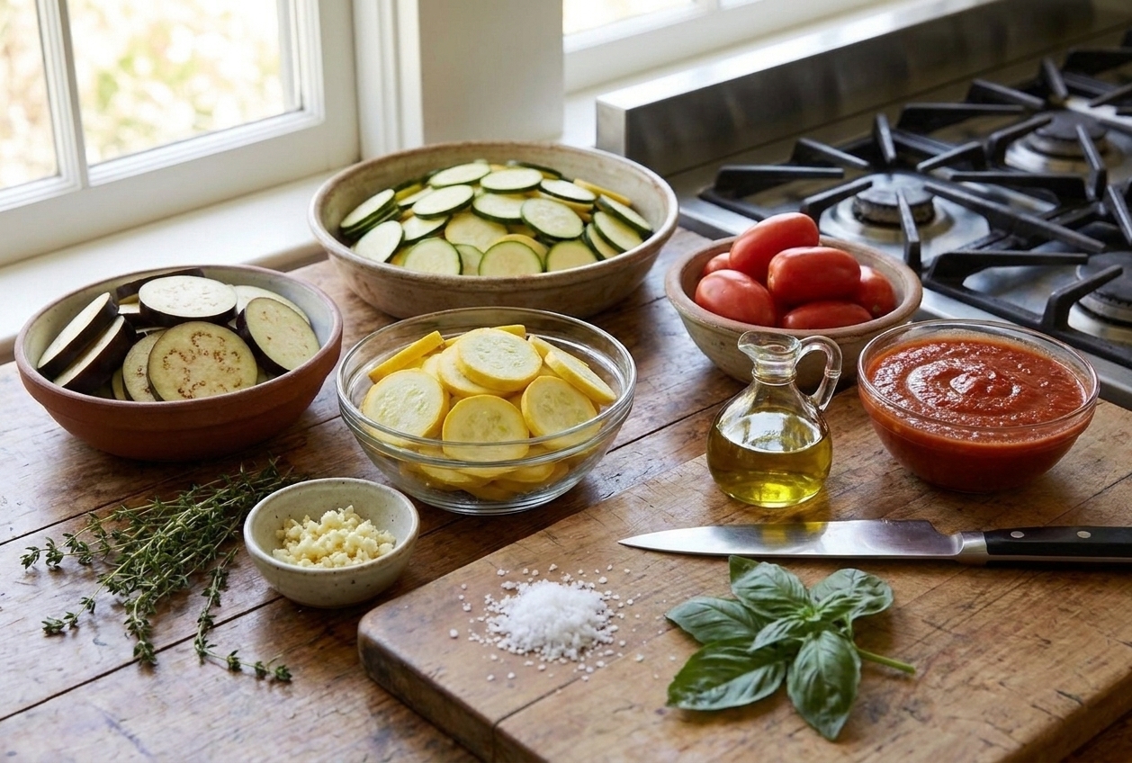 A home kitchen counter with bowls of sliced zucchini, sliced yellow squash, sliced eggplant, sliced tomatoes, minced garlic, tomato sauce, olive oil, and fresh herbs laid out for ratatouille
