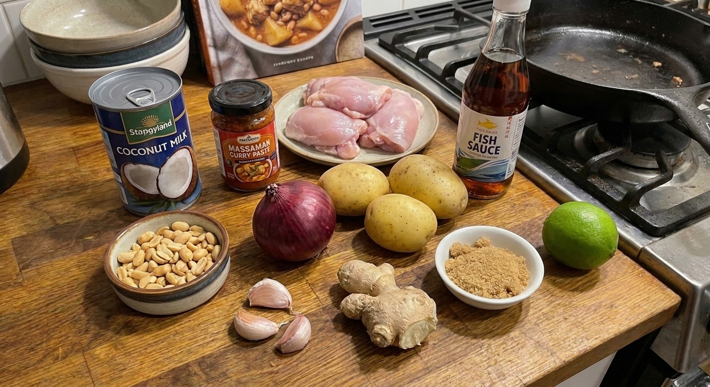 A home kitchen counter with coconut milk, Massaman curry paste, chicken thighs, potatoes, onion, garlic, ginger, peanuts, fish sauce, brown sugar, and lime arranged for cooking