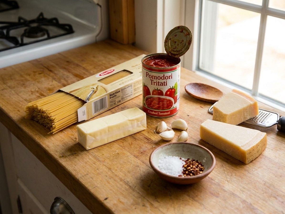 A home kitchen counter with dried pasta, a can of crushed tomatoes, butter, garlic, parmesan, and a small bowl of salt and red pepper flakes laid out for cooking