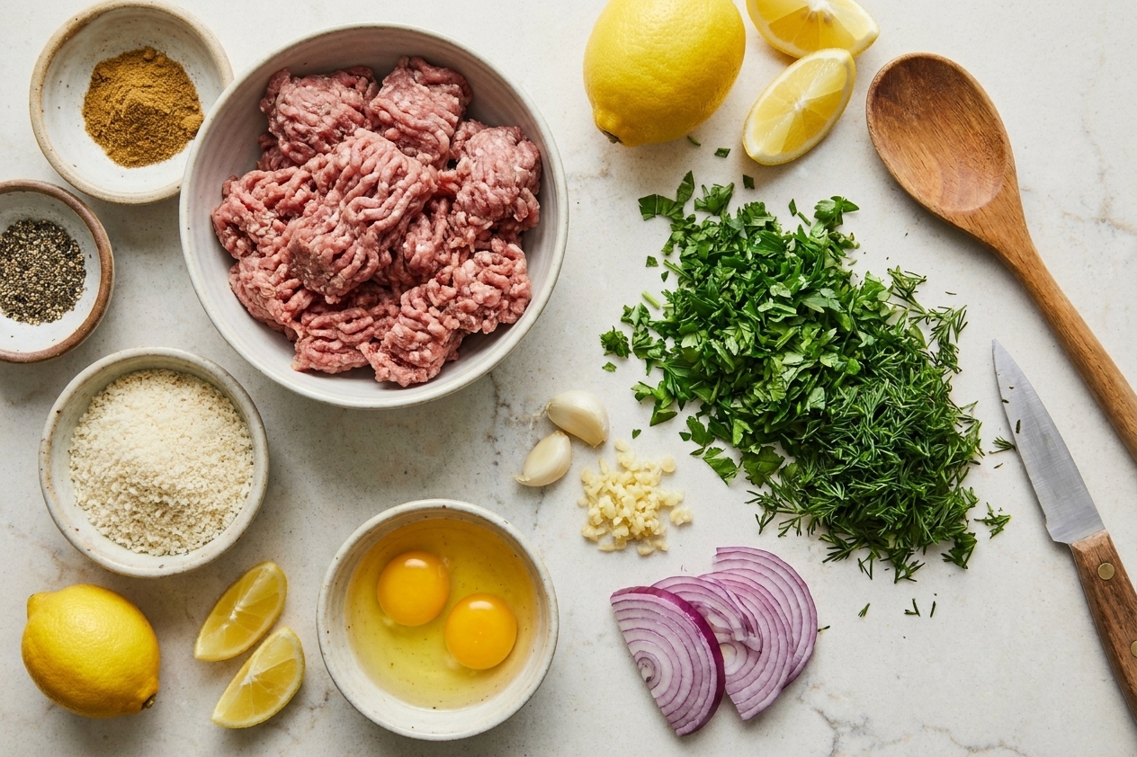 A home kitchen counter with ground meat, fresh parsley, dill, lemon, garlic, red onion, breadcrumbs, eggs, and small bowls of dried oregano and spices laid out for Greek meatballs