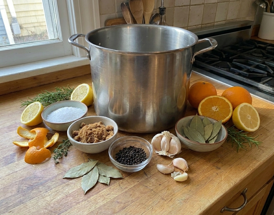 A home kitchen counter with kosher salt, brown sugar, peppercorns, bay leaves, garlic, citrus, and a large stockpot arranged for making turkey brine