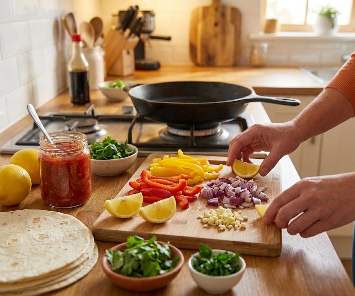 A home kitchen counter with meal prep ingredients laid out including bell peppers, onions, garlic, lemons, tortillas, a jar of salsa, and herbs under warm, consistent kitchen lighting