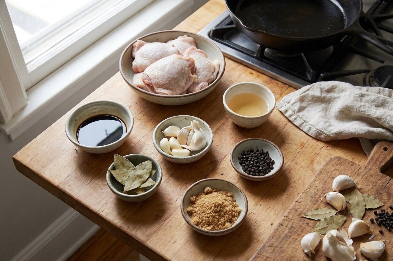 A home kitchen counter with measured ingredients for chicken adobo including chicken thighs, soy sauce, cane vinegar, garlic cloves, bay leaves, whole peppercorns, and brown sugar in small bowls