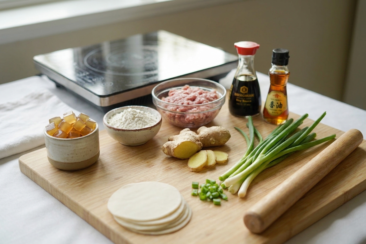 A home kitchen counter with measured ingredients for xiao long bao including flour, ground pork, ginger, scallions, soy sauce, sesame oil, and a small container of set aspic