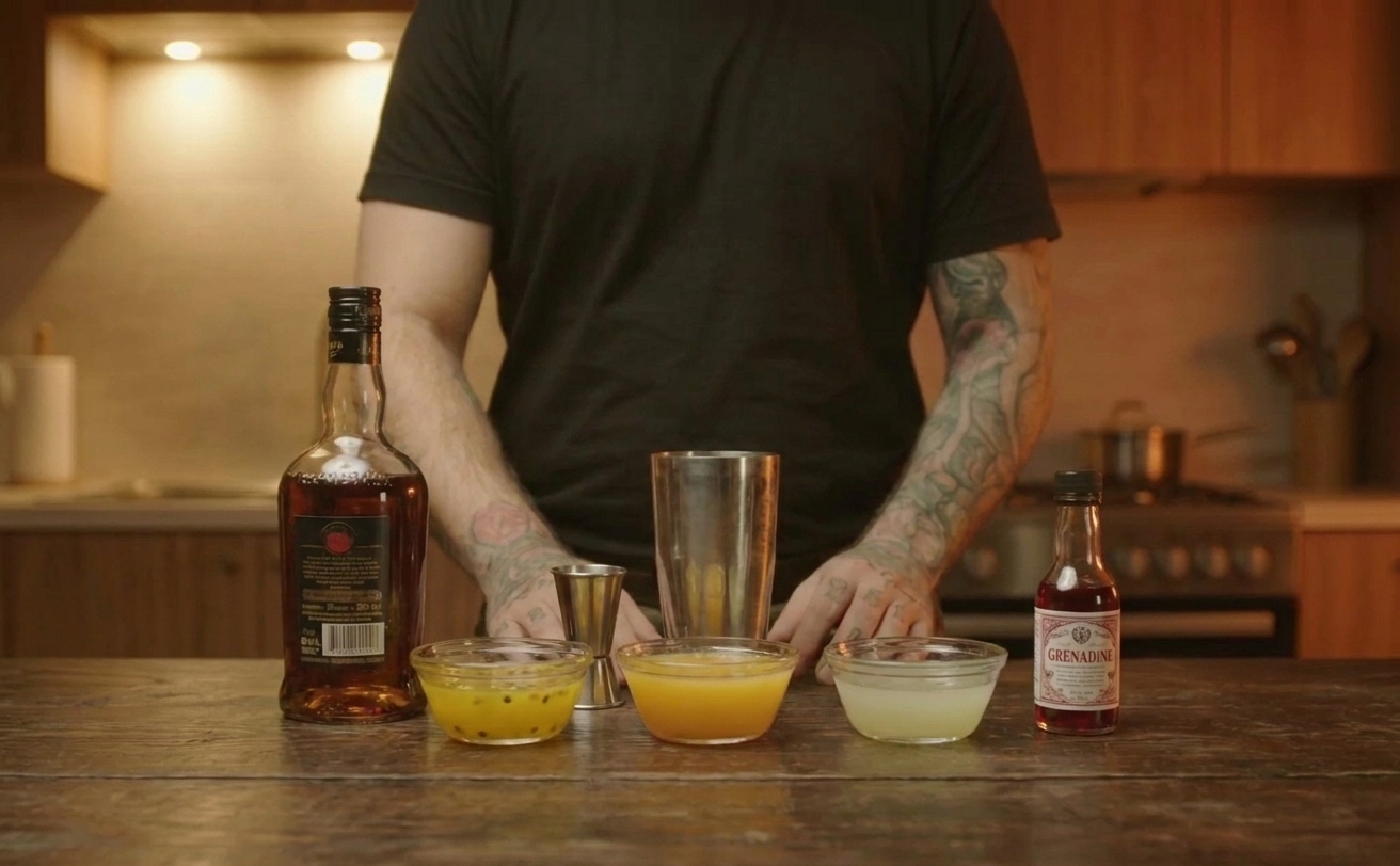 A home kitchen counter with measured rum, passion fruit syrup, orange juice, lime juice, and grenadine set out alongside a jigger and a shaker, ready to mix