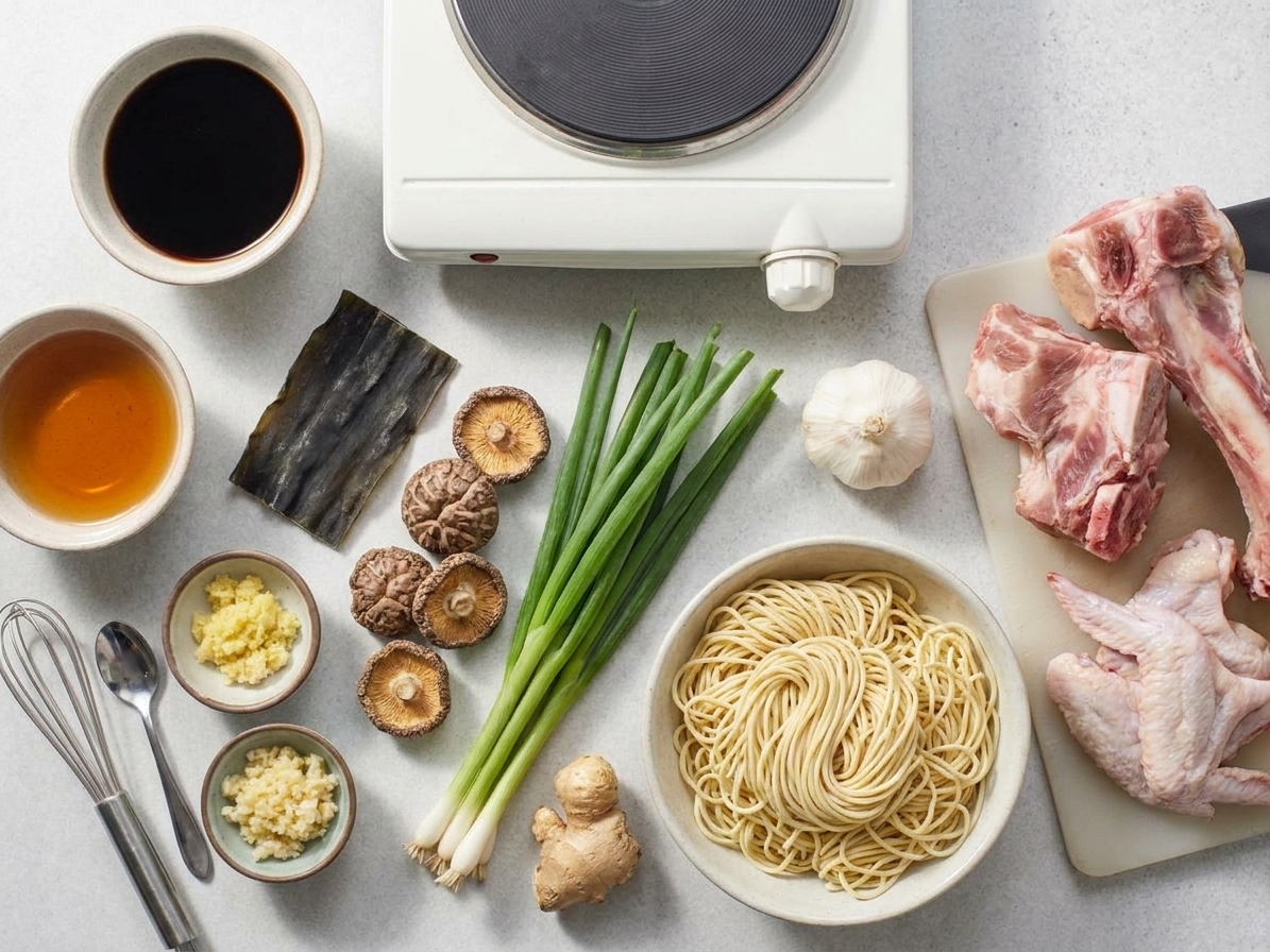 A home kitchen counter with neatly arranged ramen ingredients including pork bones, chicken wings, soy sauce, mirin, kombu, dried shiitake, scallions, garlic, ginger, and fresh noodles