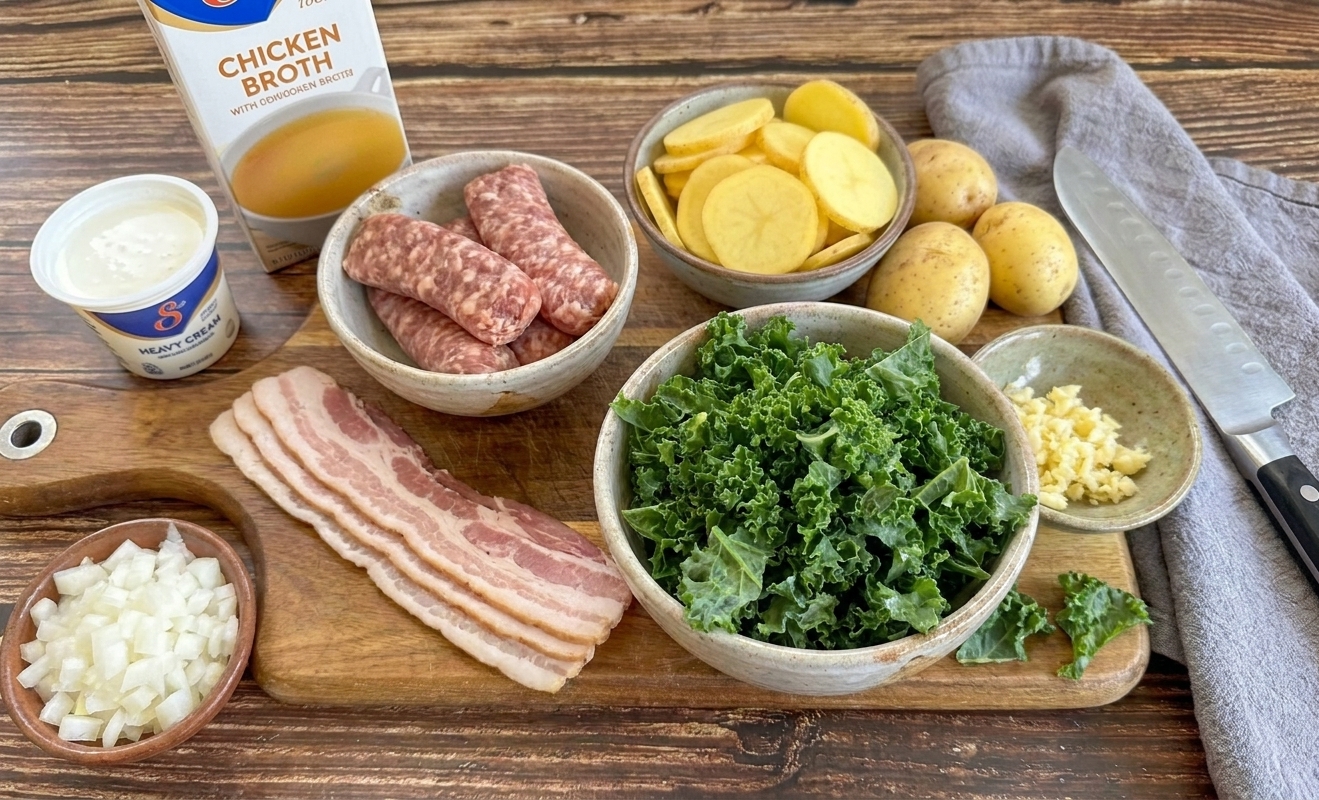 A home kitchen counter with raw Italian sausage, potatoes, kale, onion, garlic, chicken broth, cream, and bacon laid out in small bowls and piles, bright natural light