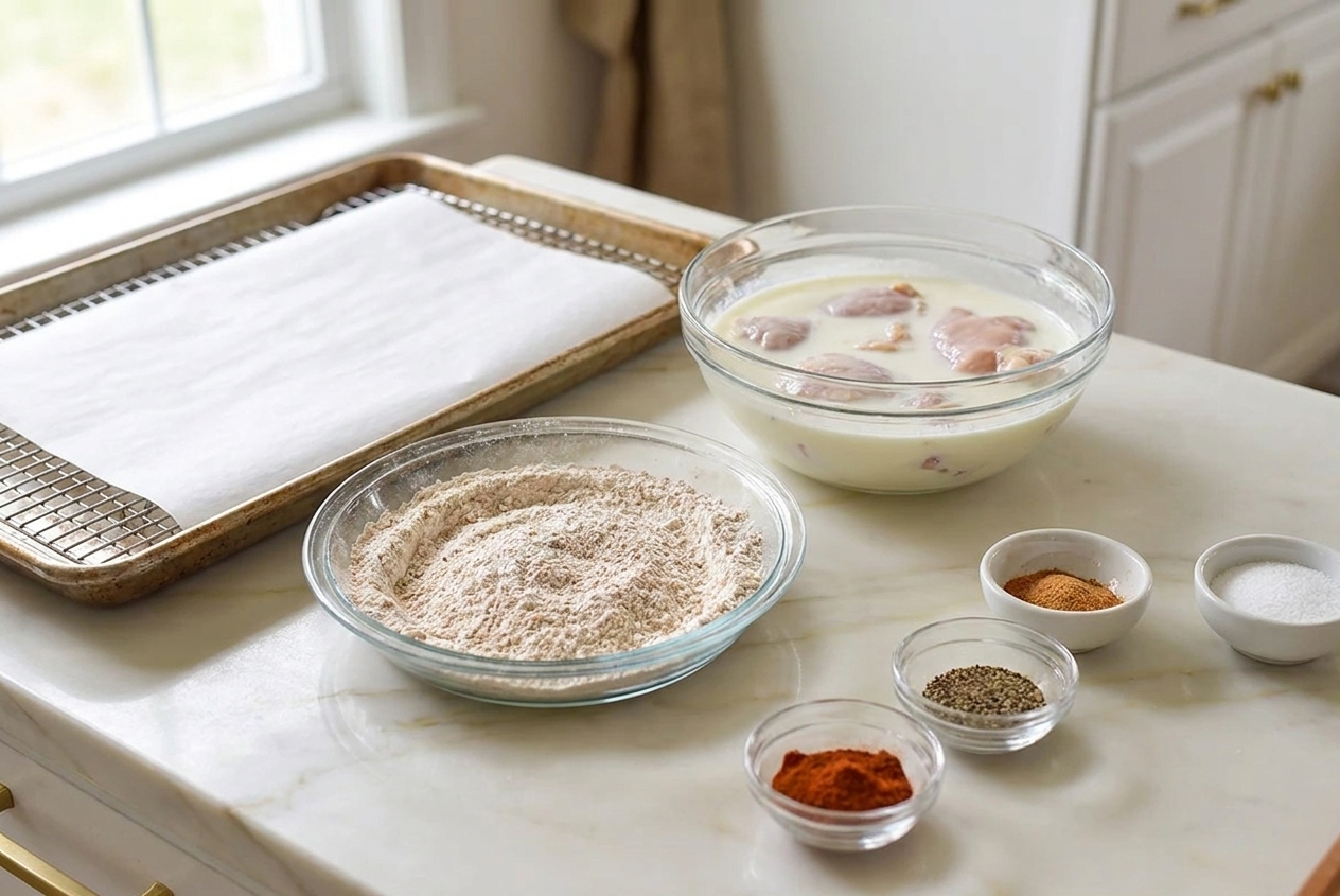 A home kitchen counter with raw chicken pieces, flour, spices, buttermilk, and a rimmed baking sheet set up for breading