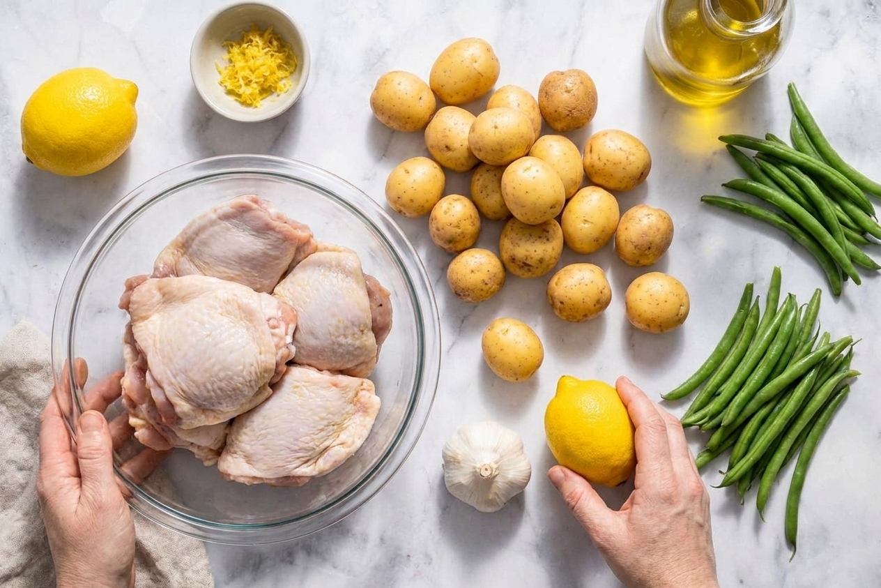 A home kitchen counter with simple weeknight dinner ingredients laid out, including chicken thighs, baby potatoes, lemons, garlic, olive oil, and green beans in natural light
