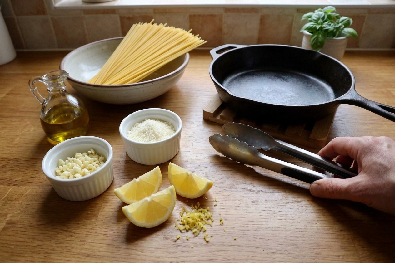 A home kitchen counter with small bowls of chopped garlic, lemon wedges, grated cheese, olive oil, and dry pasta laid out for cooking