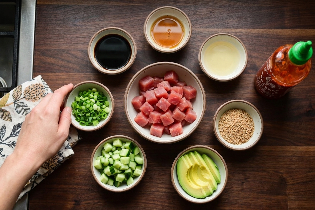 A home kitchen counter with small bowls of cubed ahi tuna, soy sauce, toasted sesame oil, rice vinegar, green onions, cucumber, avocado, sesame seeds, and sriracha laid out for poke