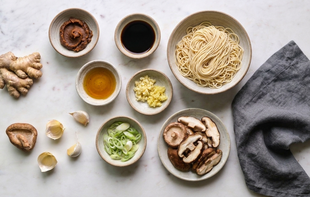 A home kitchen counter with small bowls of miso paste, soy sauce, sesame oil, minced garlic, grated ginger, sliced mushrooms, scallions, and ramen noodles laid out for cooking