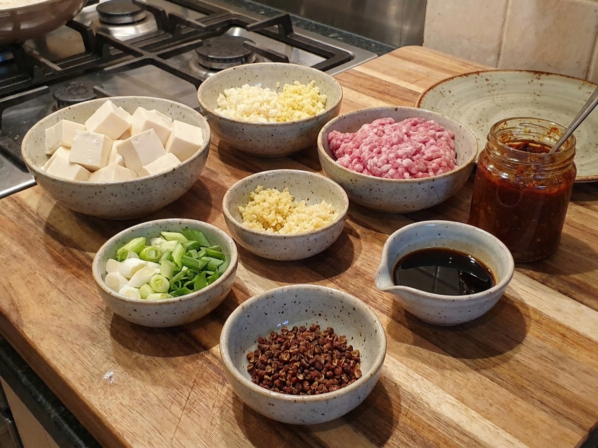 A home kitchen counter with tofu, ground pork, garlic, ginger, scallions, doubanjiang, soy sauce, and Sichuan peppercorns laid out in small bowls before cooking