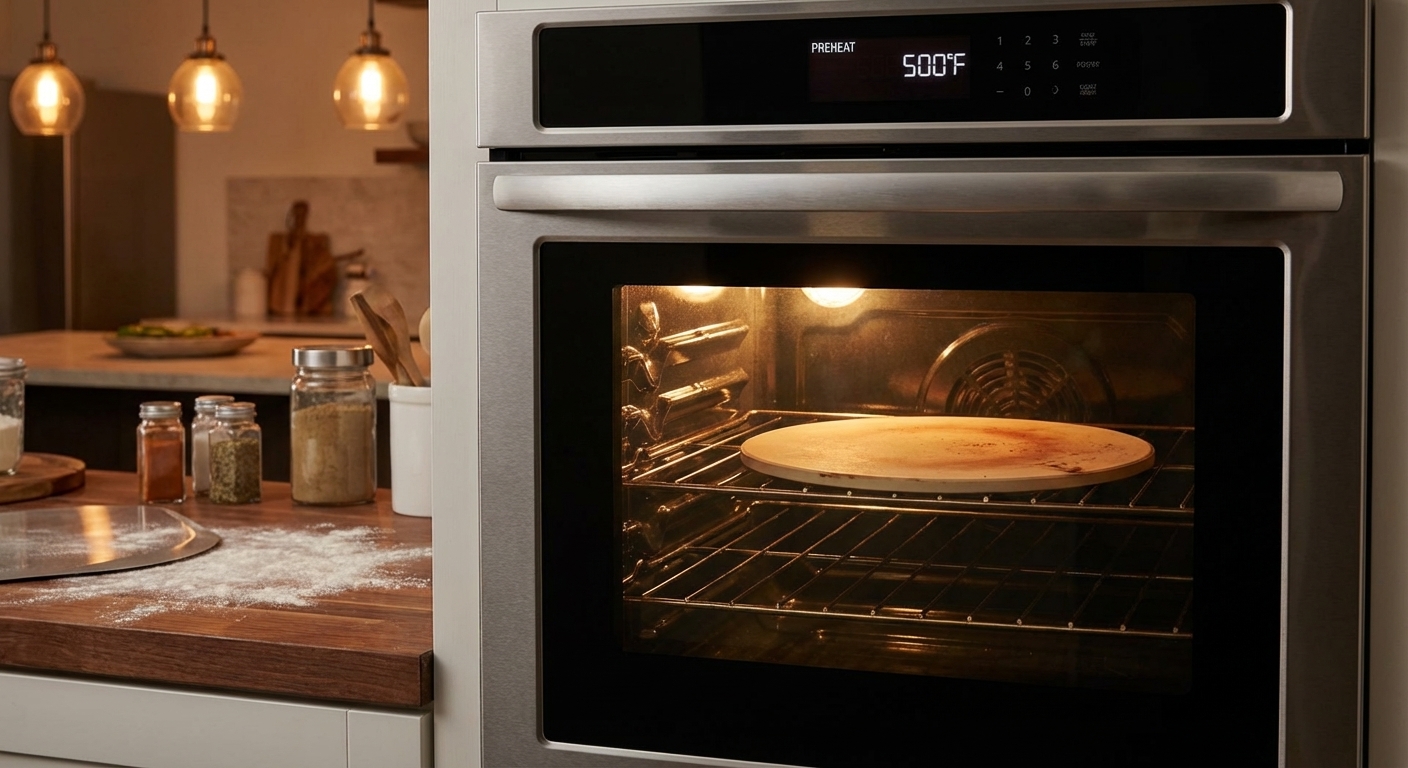 A home oven with a pizza stone on the middle rack preheating, warm kitchen lighting, photorealistic food photography