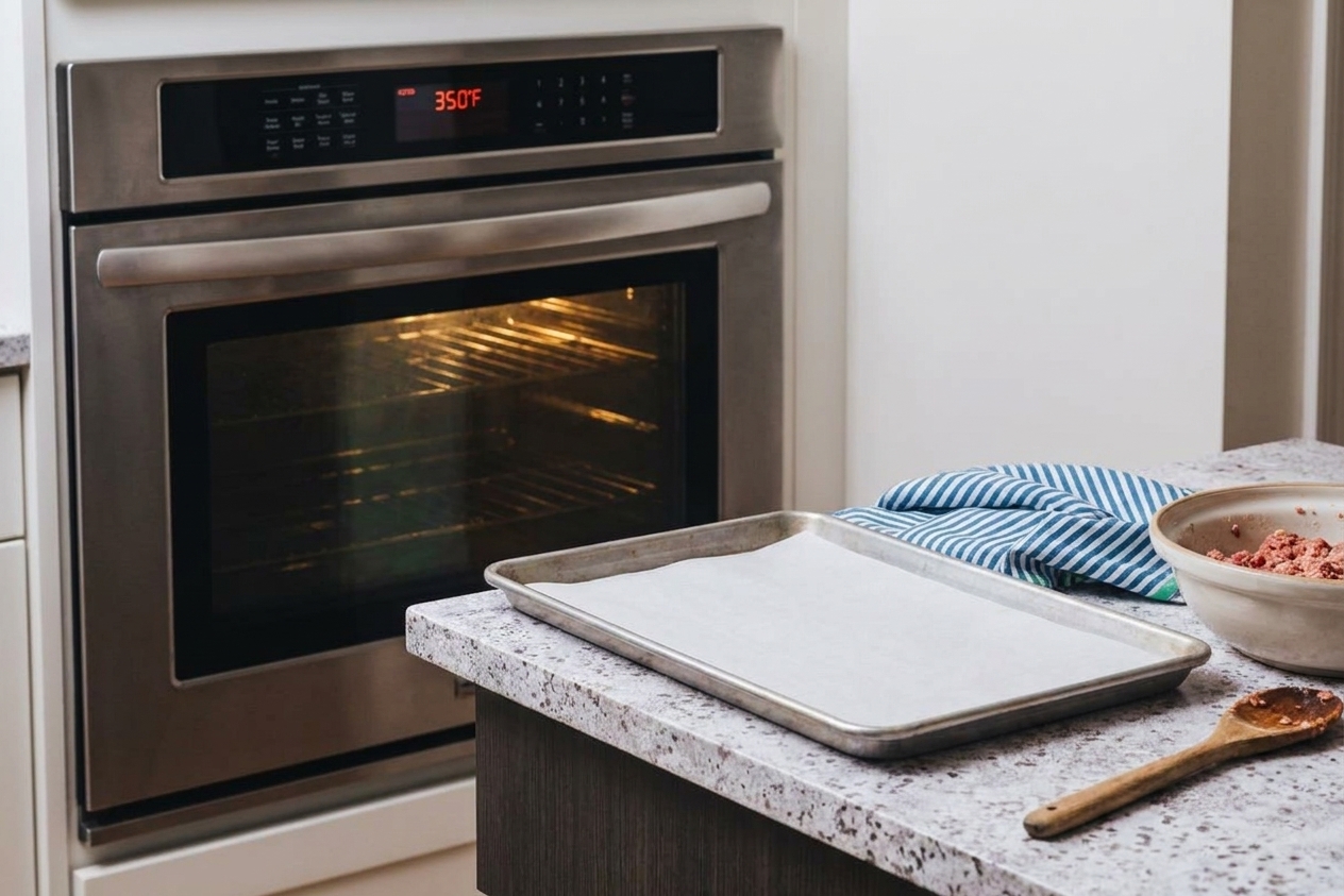 A home oven with the temperature set to 350 degrees and a baking sheet on the counter nearby