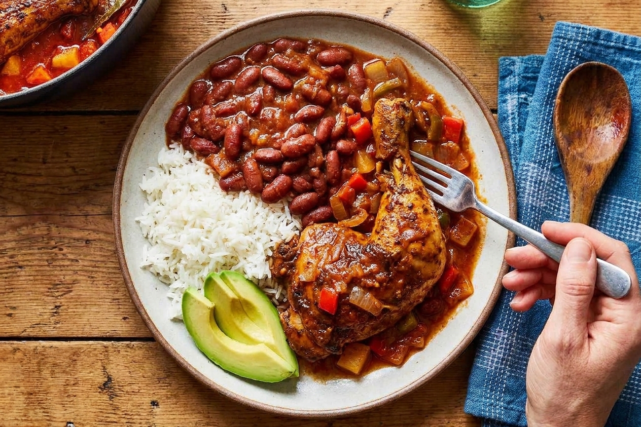 A home-style plate of Dominican rice, stewed red beans, and stewed chicken with sauce, served with sliced avocado on the side