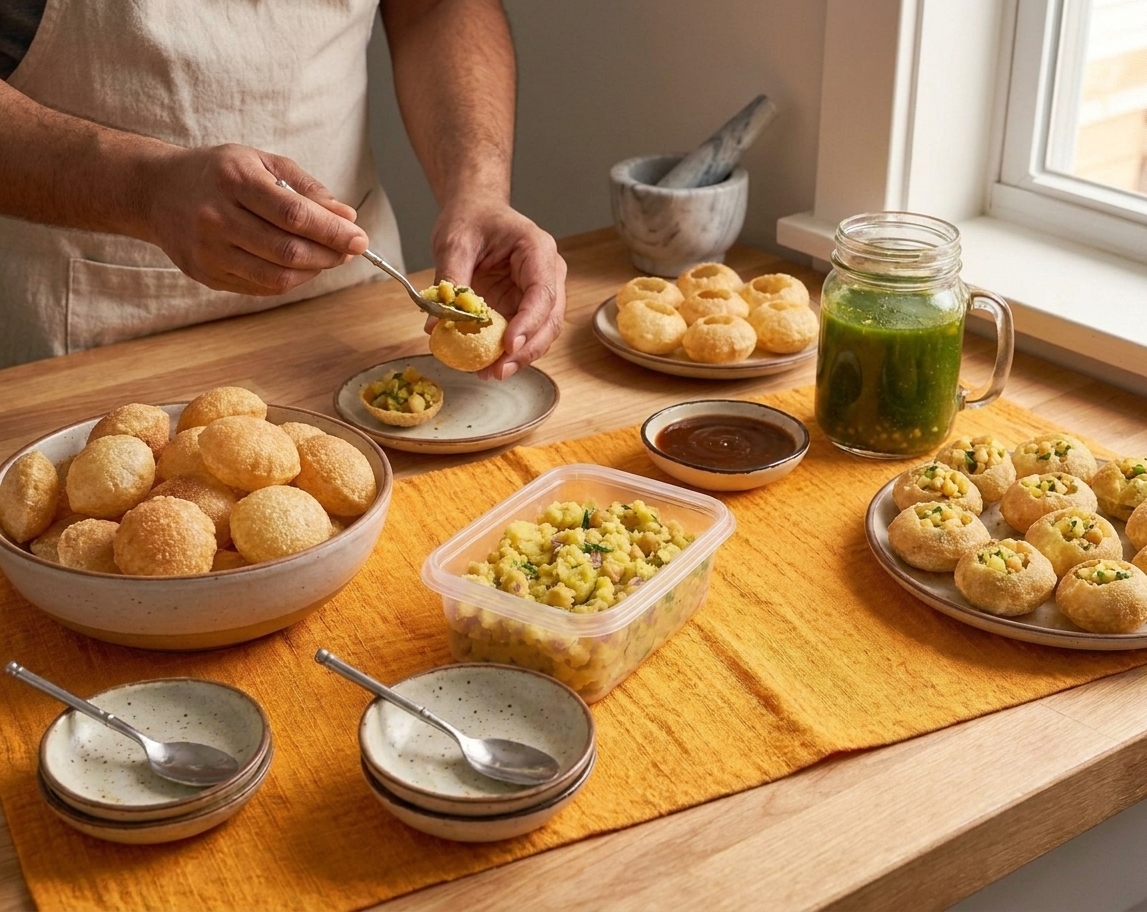 A home table setup with bowls of puri shells, potato chickpea filling, a pitcher of green pani, and small cups ready for serving
