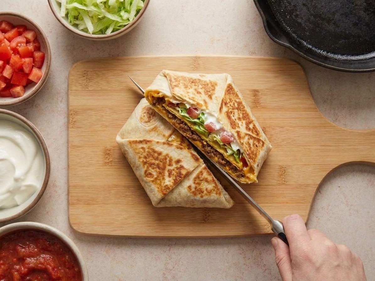 A homemade Crunchwrap cut in half on a cutting board, showing distinct layers including beef, cheese, tostada, lettuce, and tomatoes