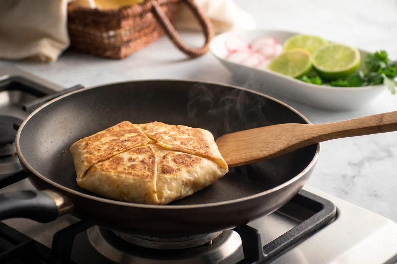 A homemade Crunchwrap reheating seam-side down in a nonstick skillet on a stovetop, with a spatula nearby