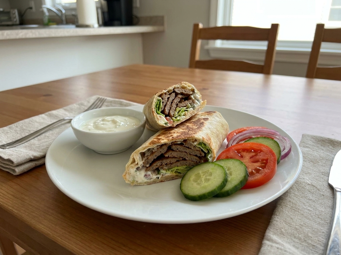 A homemade doner kebab wrap on a plate with extra yogurt sauce and sliced vegetables on a simple dinner table setting