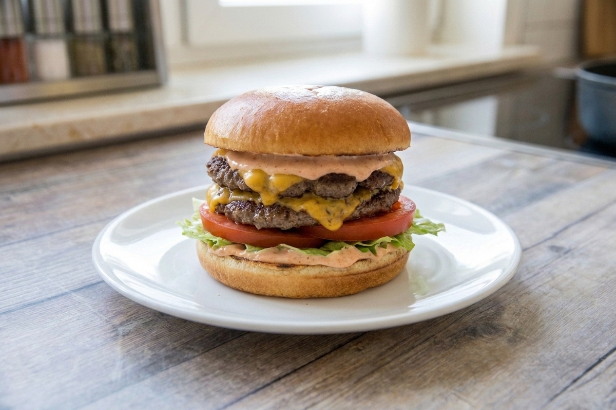 A homemade double cheeseburger on a plate with visible creamy spread, lettuce, and tomato, set on a simple kitchen table