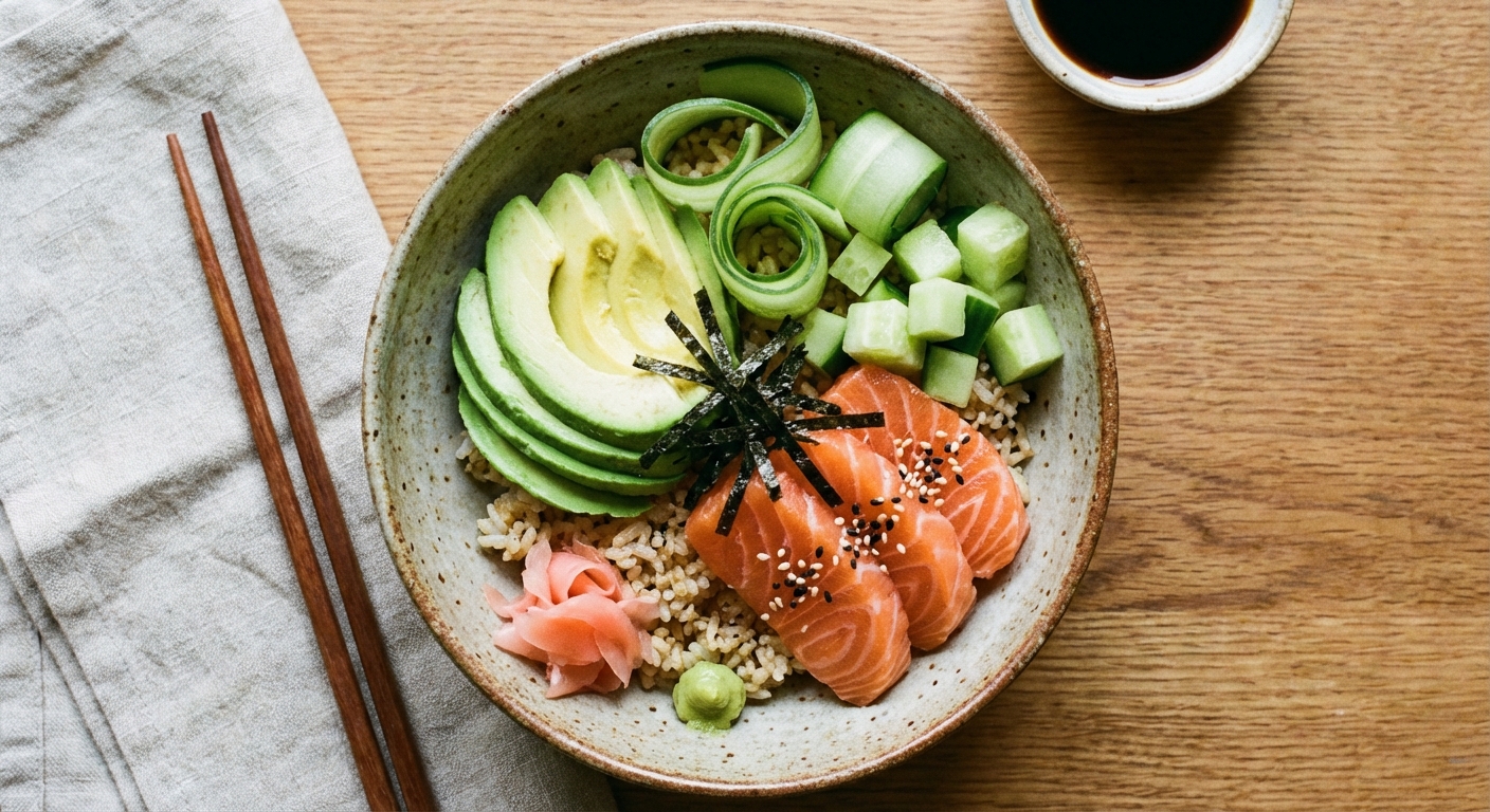 A homemade sushi rice bowl topped with cucumber, avocado, and salmon with a small pile of pickled ginger on the side, overhead photorealistic food photography